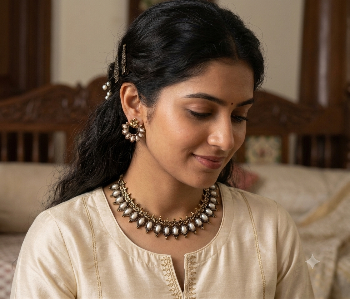 Necklace Earring Set - Metallic and Stone
